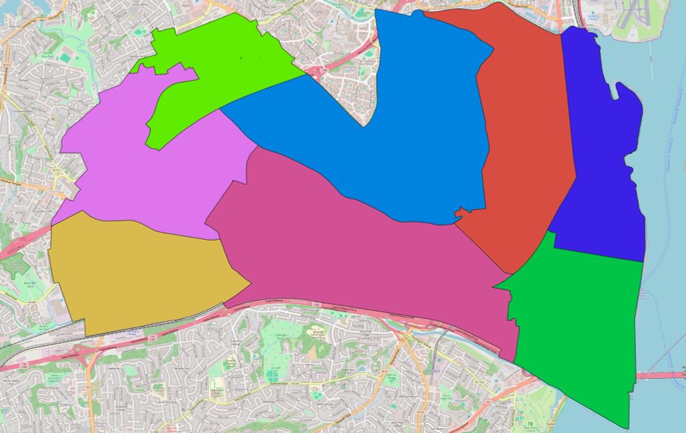 A map of Alexandria, Virginia. This time the city is broken into only eight parts.

Each part of the city is shaded in a different color (split between grass green, blue-purple, coral, blue, dusty pink, gold, Pepto Bismol and lime green).