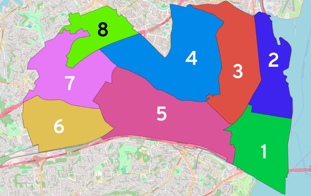 The same map of possible wards, now numbered 1–8.

Of particular note, "Ward One" includes those precincts south of Oronoco Street in Old Town, "Ward Four" captures the Seminary-to-Braddock corridor and "Ward Five" represents the area from the Taylor Run neighborhood to Jordan Street and Seminary Road to the city's southern border. 