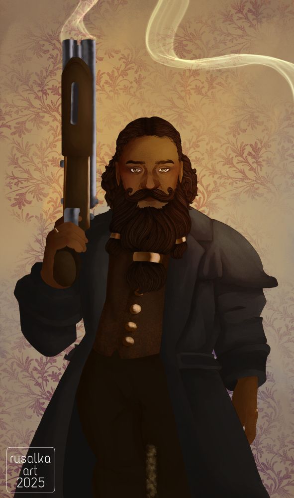 A dark skinned dwarven man in a long grey coat and waistcoat, holding a sewn off shotgun. 