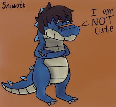 a CUTE blue icy gator is pouting with his arms crossed, saying 'I am NOT cute'