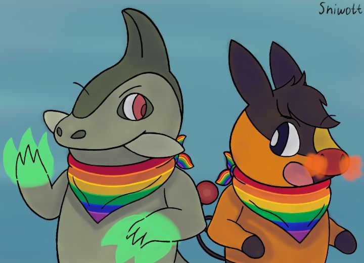 an axew and tepig are standing side by side, ready to fight. the axew is using dragon claw while the tepig's nose is flared up, ready to use ember. they are both wearing pride scarves around their necks. the tepig is standing on his hind legs