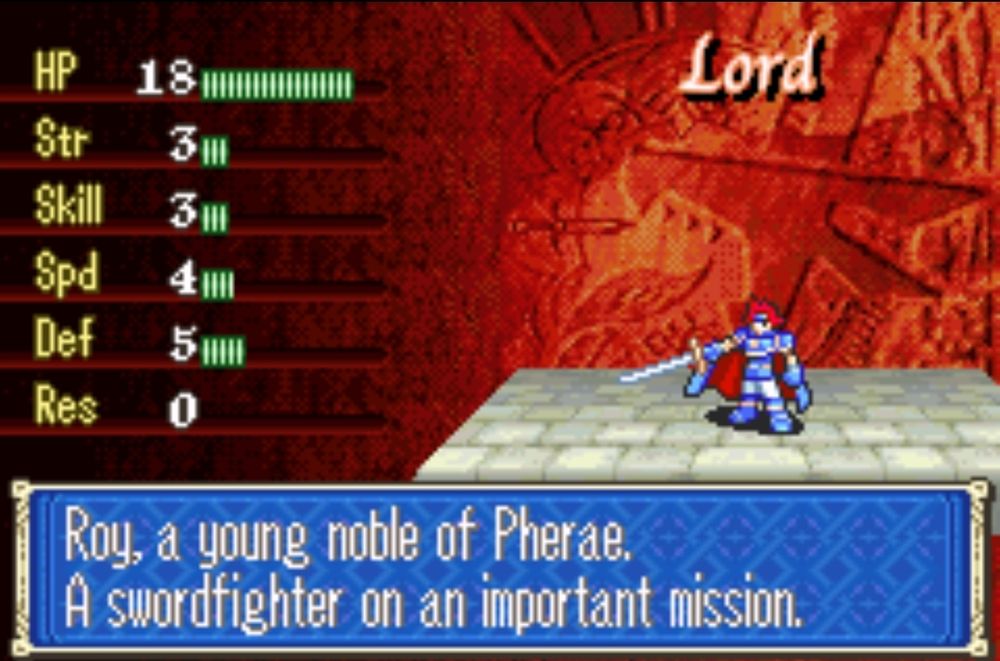 fire emblem screenshot with description and stats of roy