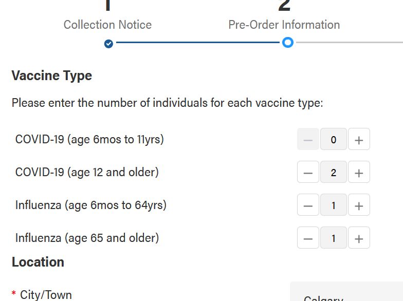Screenshot of the pre-booking form for Alberta vaccines showing that they are booking for several types of vaccine and different categories of eligibility, in one form. 