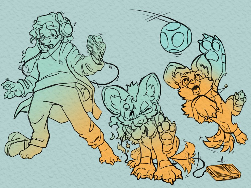 a 3-stage transformation sequence of a person turning into a servitt. she wears headphones plugged into a tape player that fall as she shrinks and grows paws, a snout, and big ears. in the second, they're almost fully transformed, holding a ripped sock in their mouth with tail wagging quickly. in the third, as a servitt, she leaps up happily to receive a ball.