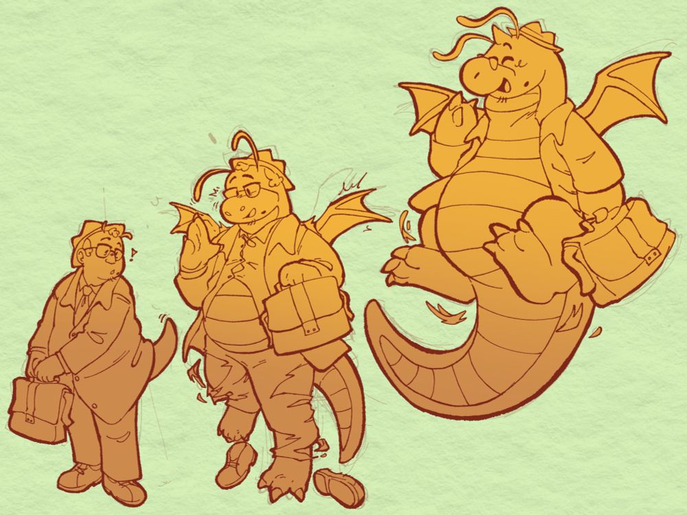 a 3-stage transformation sequence showing flesh-head roger turning into a dragonite. he looks very happy.