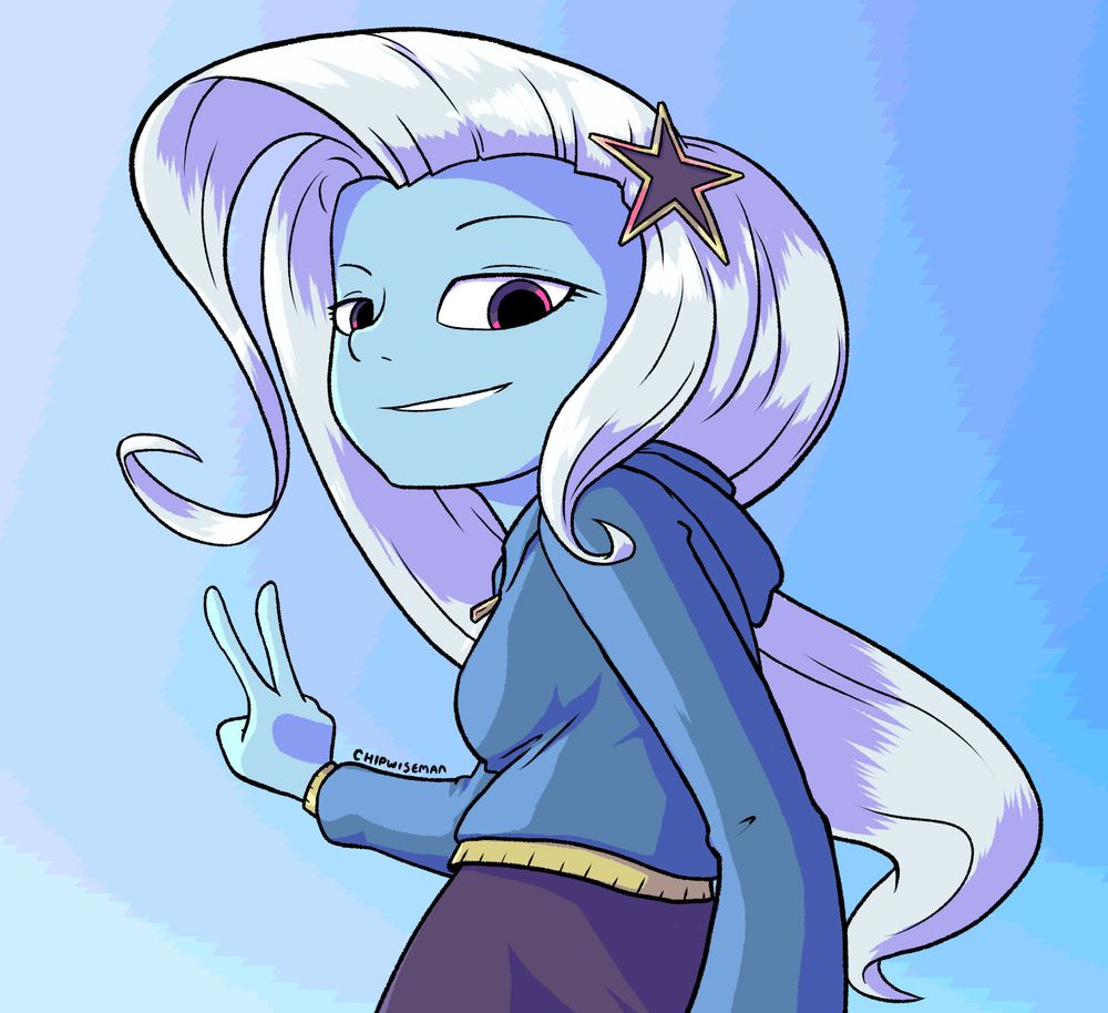 Trixie Lulamoon in her standard Equestria Girls design (human, blue skin/white hair, hoodie and star-shaped hair clip) giving a V sign