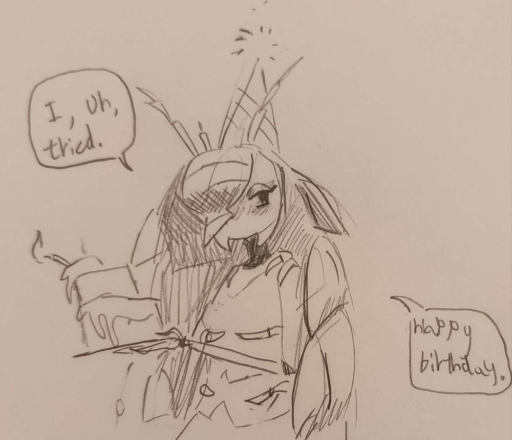 Normal sized Dessa looking weary and a lil embarrased but putting on a smile, wearing a party hat and holding up a very unstable cake. "I, uh, tried." she says, "Happy birthday."