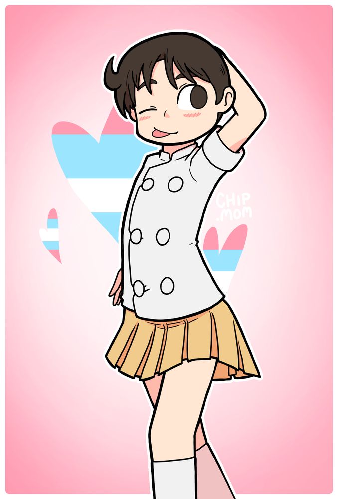 Drawing of Makabe Tatewaku from CITY wearing a miniskirt and doing a cutesy pose. There are hearts with the trans flag colours in the background.