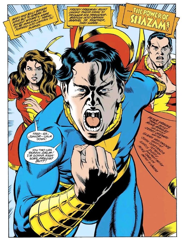 Captain Marvel Jr running towards the camera angrily screaming 