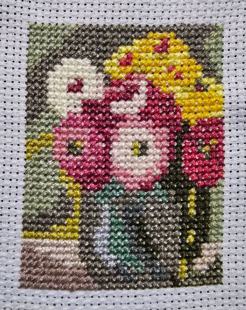 Still life with zinnias in a green jar cross stitch 