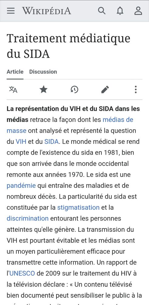 Page wikipédia sur le Traitement médiatique du SIDA