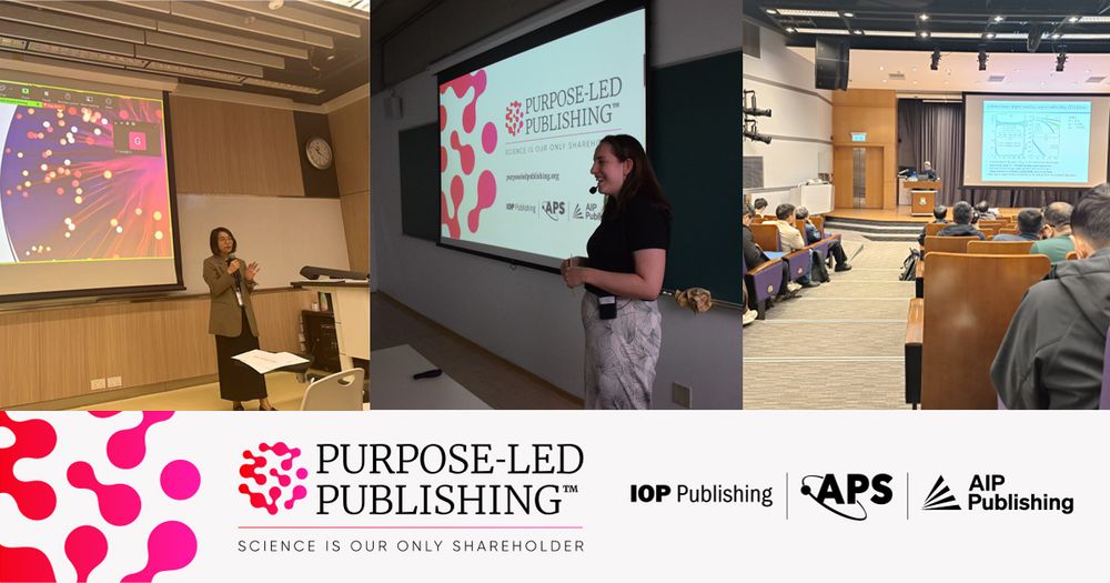 The Purpose-Led Publishing banner with IOP Publishing, APS and AIP Publishing logos, along with a photo of a talk in progress.
