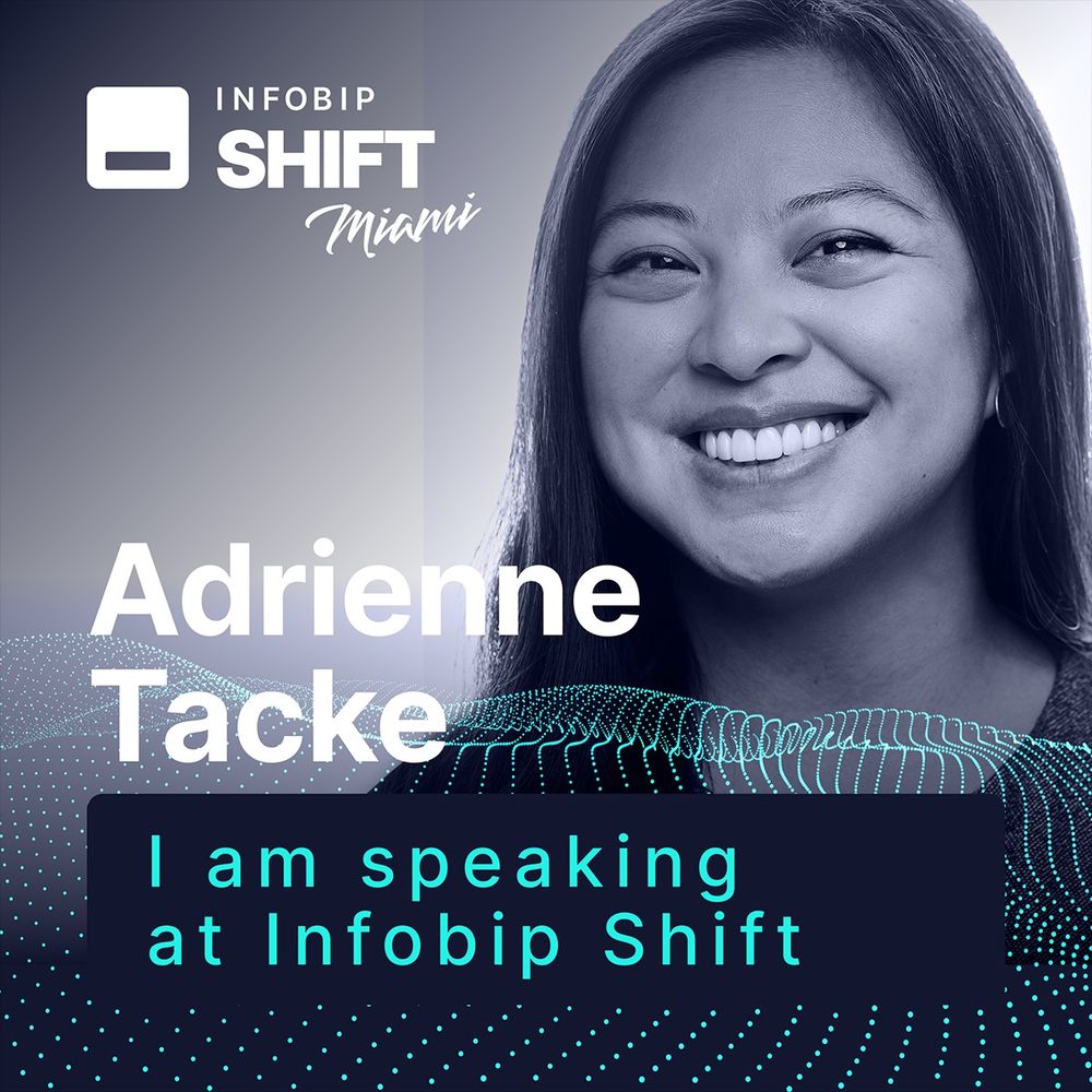 Speaker promo card that says "I am speaking at Infobip Shift", with Adrienne's photo and name in the frame.