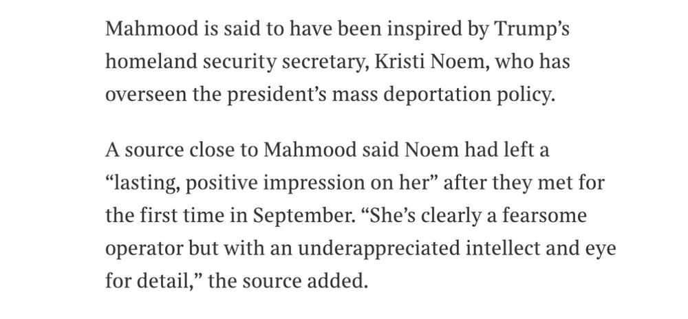 Extract from Times, Home Office source praising Noem