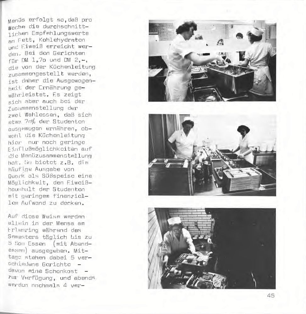 Drei Fotos aus der Mensa mit einem Text zur an Nährwerten orientierten Zusammenstellung des Speiseplans