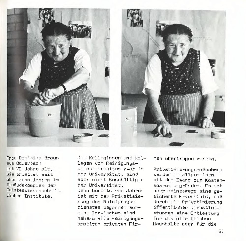 Portaitfotos einer Reinigungskraft mit einem Text, der die Privatisierung des Reinigungsdienstes beschreibt.