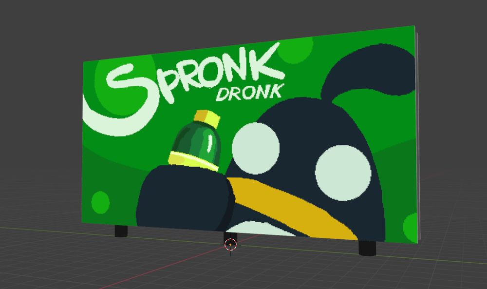blender screencap for a fake billboard in Beach Slap. Shows one of the penguin holding a nondescript soda bottle with the words "SPRONK: dronk" over it