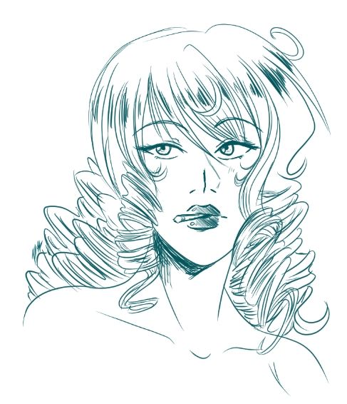 Doodle sketch of woman with long curls and a cigarette 