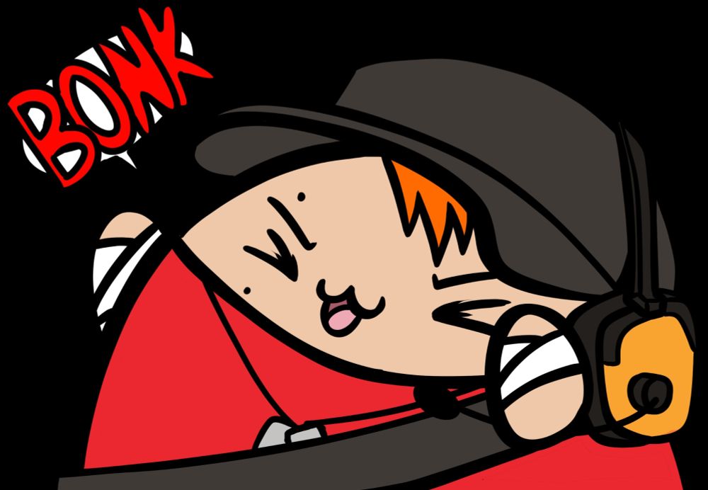 A round ball version of the artist dressed up as red Scout from tf2 saying Bonk!