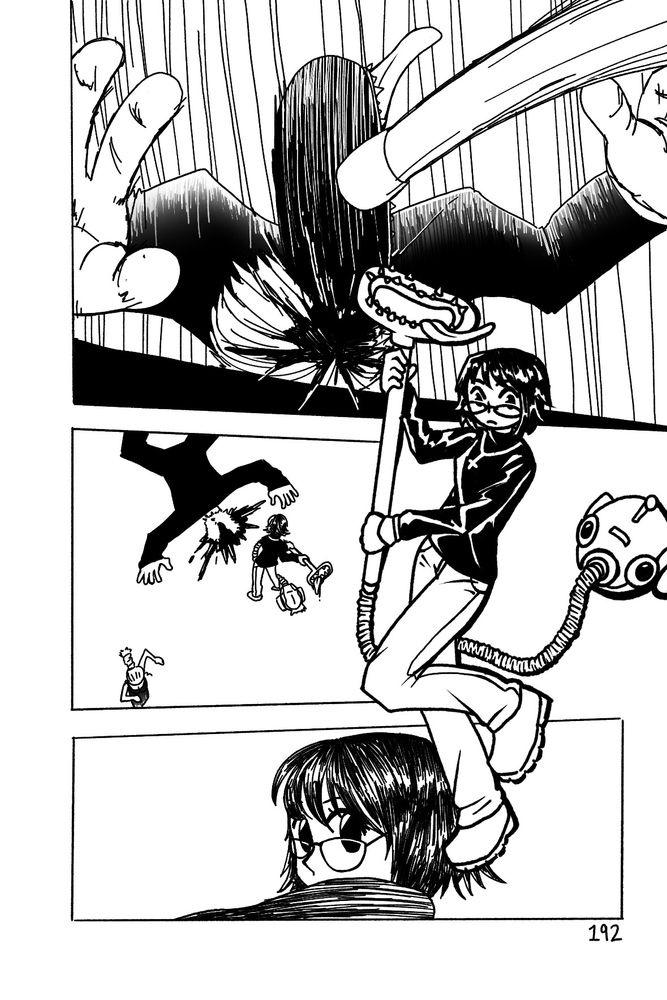 Redraw of hunter x hunter page 192 vol. 8, shows Shizuku using Blinky on a mafia member while Baise runs away