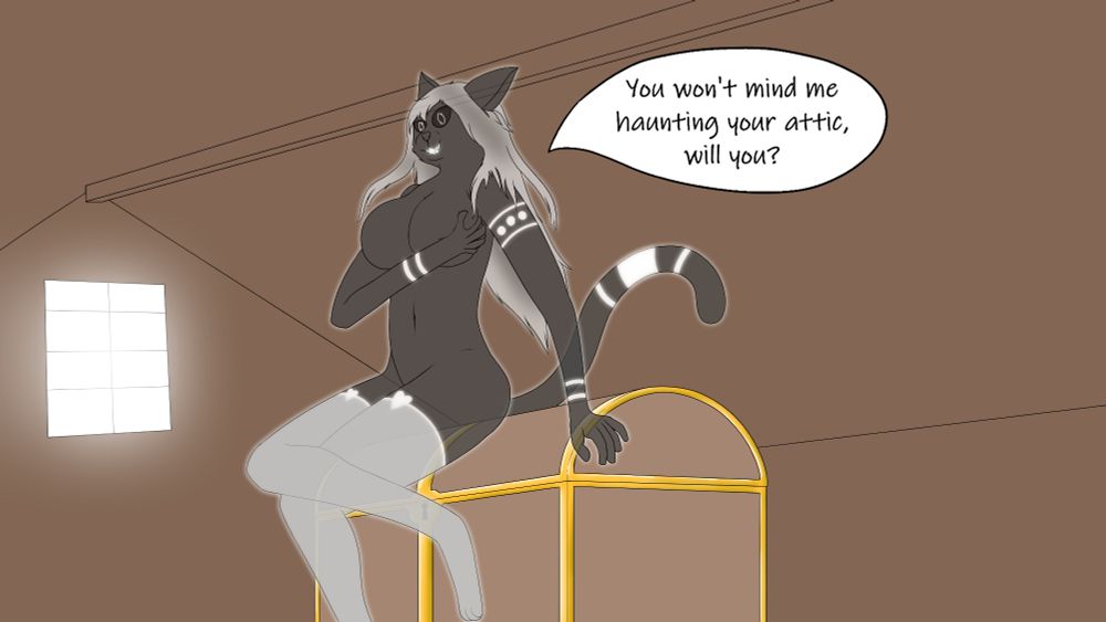 a female anthro ghost cat sitting on a chest in an attic, she asks: "You won't mind me haunting your attic, will you?" in a suggestive way.