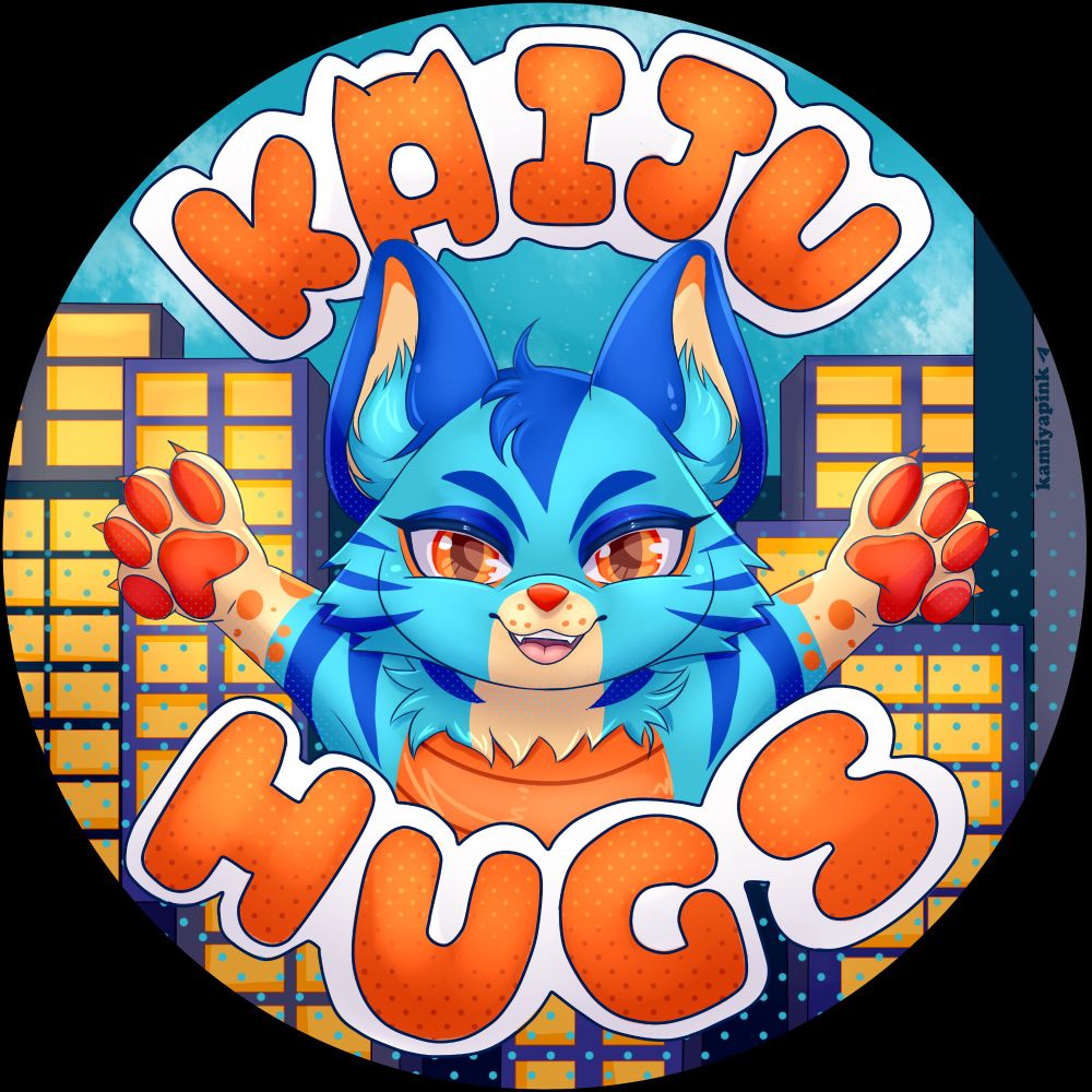 A circular picture with a blue and orange cat character holding her arms out for a hug with the words "Kaiju Hugs" on the top and bottom of the circle. It has a cityscape background.