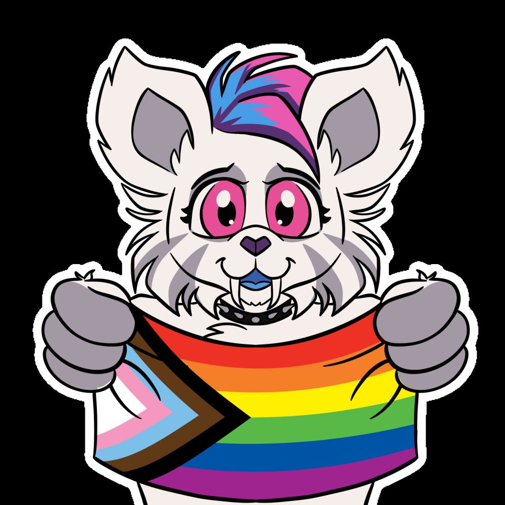 A cartoon white sabertooth tiger happily holds a Progress Pride flag.