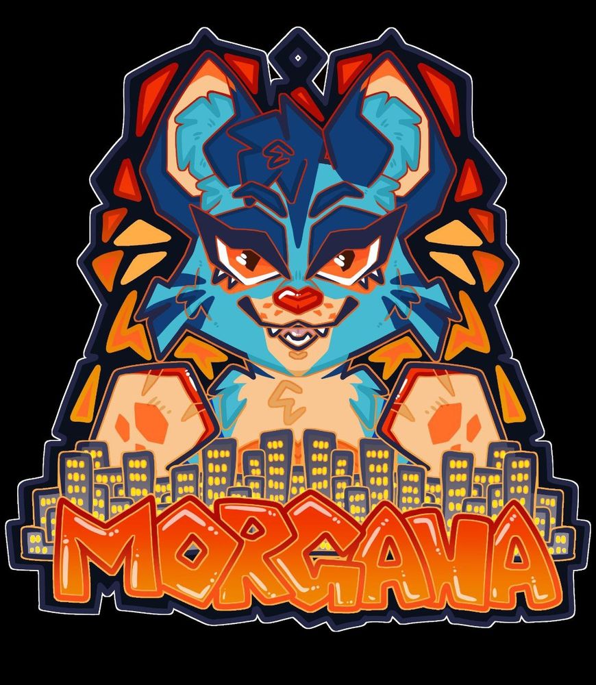 A badge showing a blue and orange cat creature looming over a cityscape while smiling, with her name "Morgana" written at the bottom in large letters.