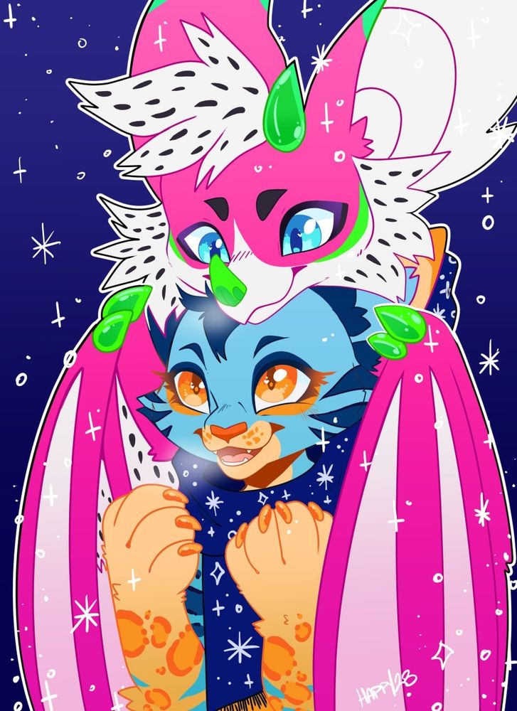 A cartoon drawing a of a pink bat hugging a blue and orange cat.