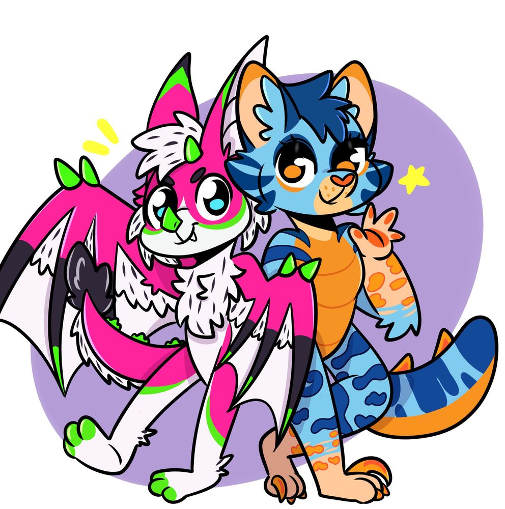 Pit the pink bat smiles and waves standing back to back with Morgana the blue and orange cat.