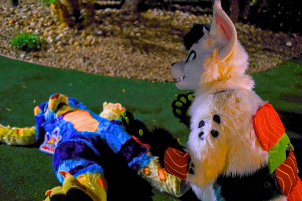 A blue cat fursuiter lays on the ground exhausted while a sushi-themed cat fursuiter looks on with concern.