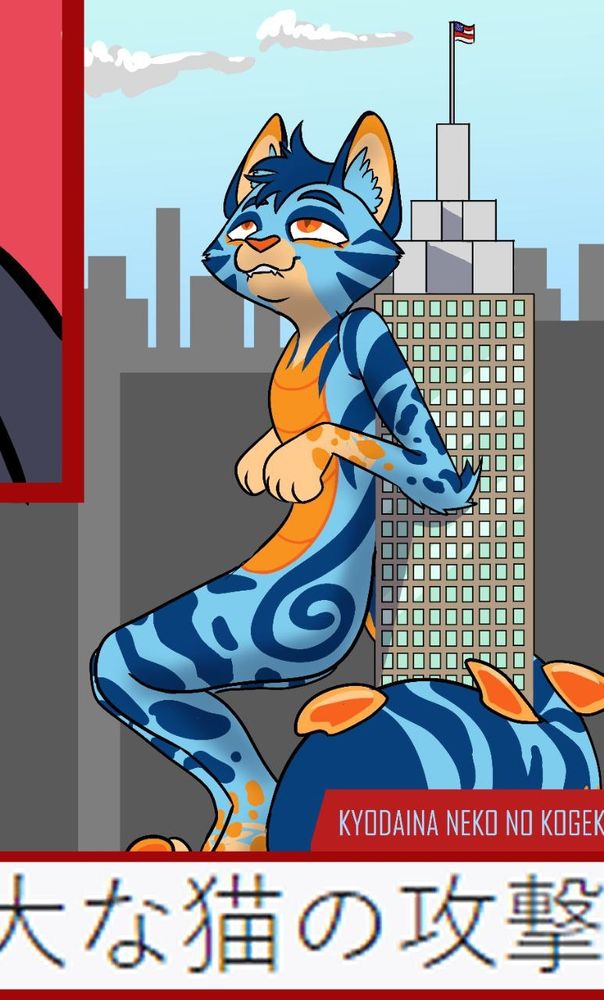 A news report for a cartoon giant blue and orange cat scratching her back on a skyscraper.