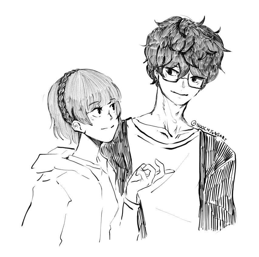 Line drawing of P5 Makoto on the left looking at P5 protagonist on the right, smiling at each other