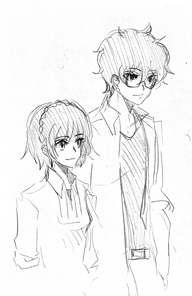 Pencil sketch of Summer casual p5 Makoto and Ren standing next to each other. Ren is one head taller than Makoto. 