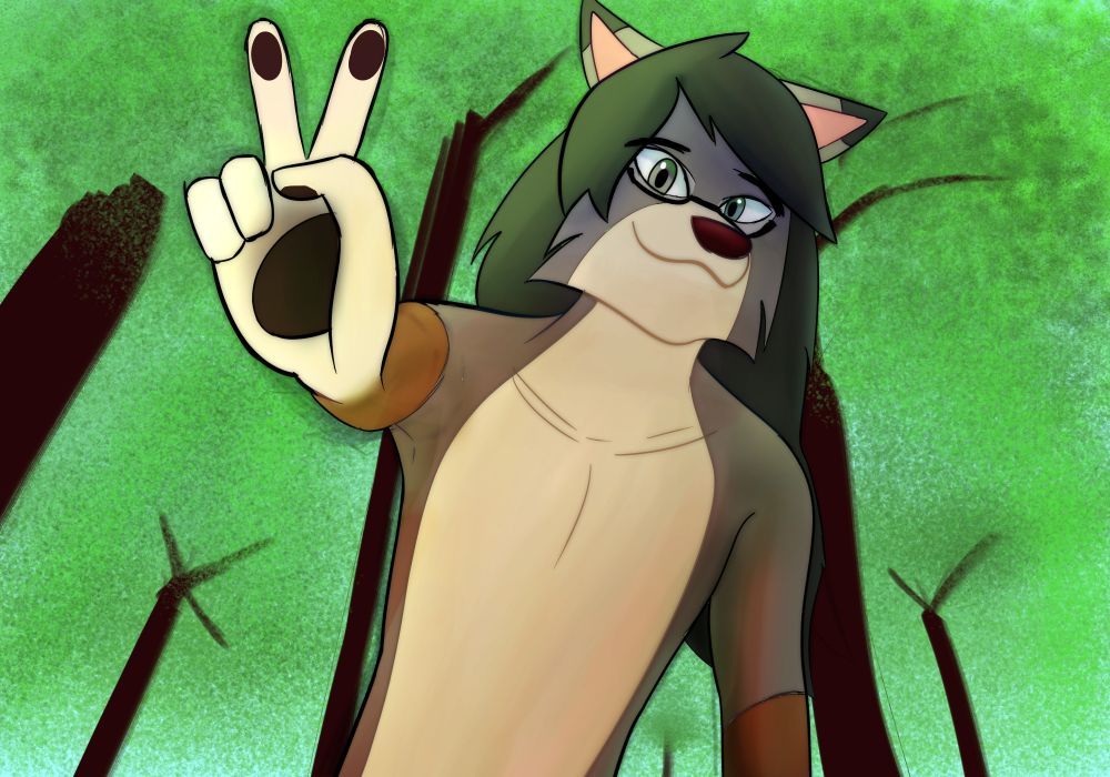 A drawing of Kit within a forest setting! Kit is an Anthro Coyote with long-ish hair, black hair, glasses and heterochromia(Blue and green eyes). He's waving a peace sign at the viewer with a smile on his face!

On this drawing, I attempted to use different blending layers, including soft and vivid light to make out the light that would be going through the trees and meeting Kit's body
