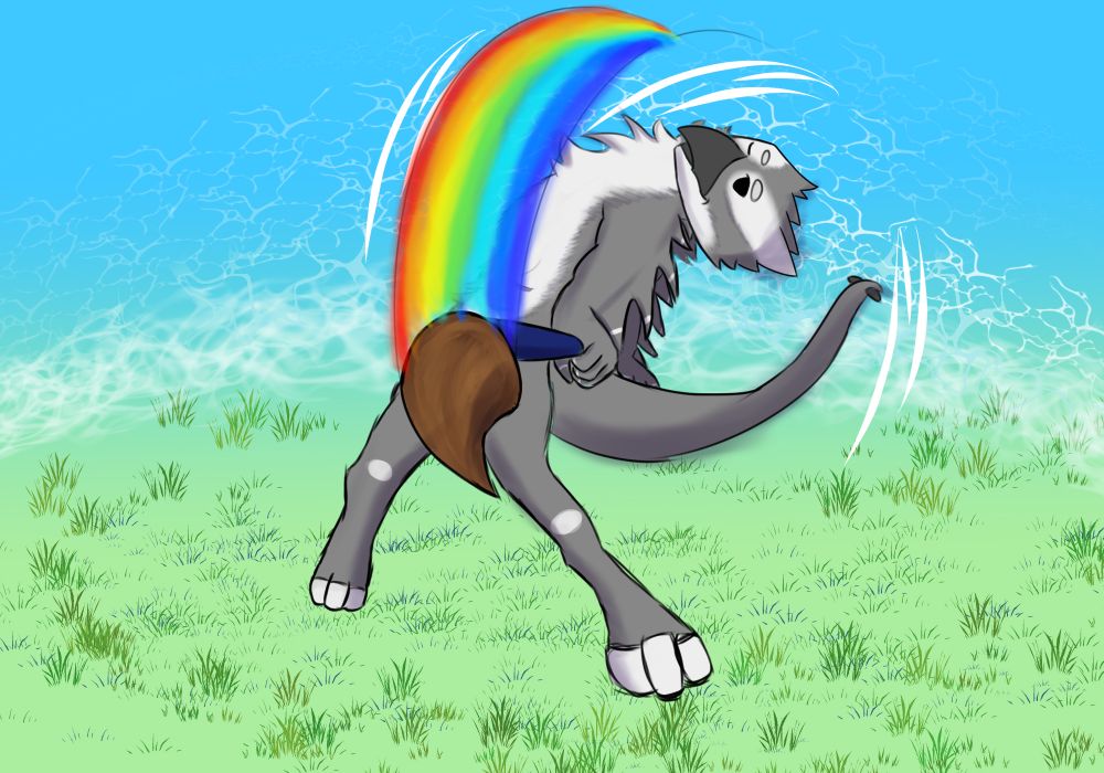 Art made for Zolx, featuring his birb Neto! He's standing near a river, with small patches of grass near  swinging a brush that creates a rainboiw as it's swung, ending in a very dramatic pose! He's winking at the viewer, looking at them with his other eye! He has digitrade feet and a Lugia inspired tail