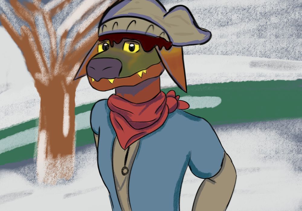 Art featuring Dingo's sona, who's part crocodile and part dingo! He has a red scarf, a blue coat, gray undershirt and a beanie! He's standing among a snowy night! The shading style is rather simple, as it was my first time experimenting with using only 1 layer to draw and shade! But Still, I'm pretty proud of it! Especially the eyes