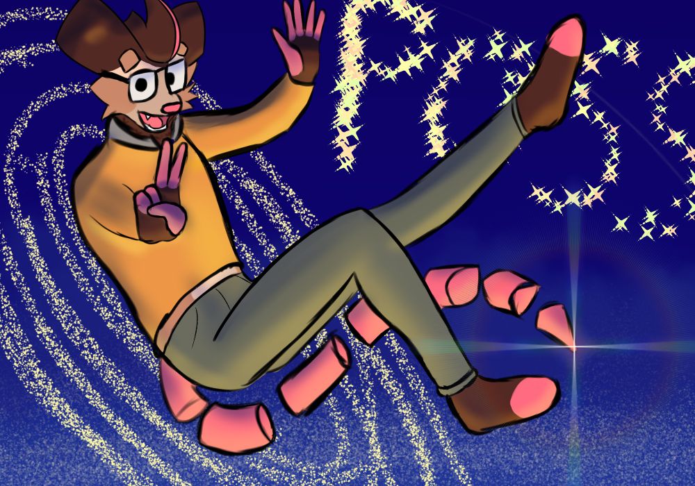 An art featuring Awesopossum in the air in the middle of a starry field! Awesopossum is a possum with square glasses, big ears, a disconnected floating tail(Kinda like rayman's limbs) and featureless feet! His hair has a strip of pink in it! In the background, there's a group of stars that spell out "POSS"