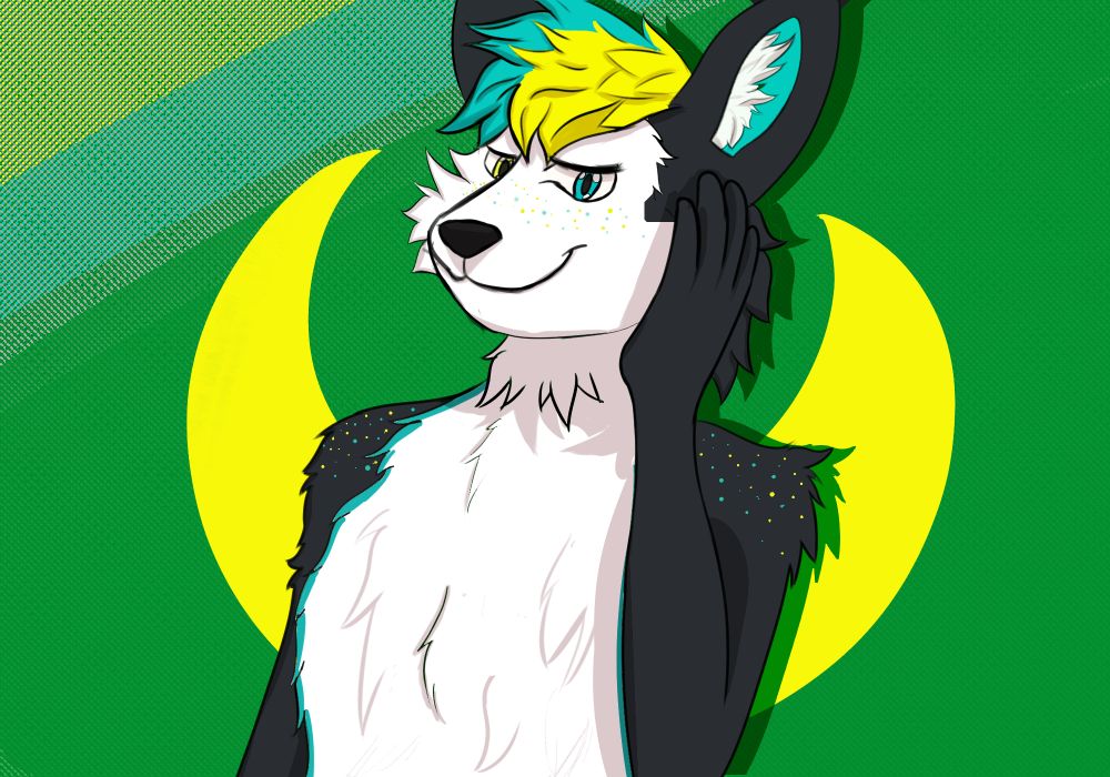 A drawing I made for Varuna the Husky! As the name implies, she's a Husky, with Light blue and yellow hair(divided in the middle), Light blue and yellow eyes(with the colors being the reverse of the hair's colors) and light blue and yellow freckles within her snout and shoulders! Behind her there's a dropshadow, along with a Symbol of a crescent moon facing upwards(A symbol that she has on her sona's body).

I mainly was trying to practice Cel Shading the past few days, and this was my first attempt at it where I was genuinly proud of the result! I achieved it by using a linear light blending layer, at the advice of another artist friend!