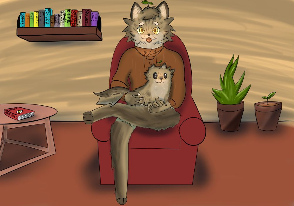 My final artfight attack made for Andreadespair! Features both their sona's anthro form(Andrea) and their feral form(Sprout). Both of them are cats with a sprout coming out of the top of their heads! Andrea is sitting atop a red armchair, holding Sprout, blepping at the viewer. Behind them in the background, there are 2 potted plants to the right side of the drawing, one that's mostly grown and another that's just a sprout, and to the left side, there is a table with a book about Gardening sitting on top of it!

On the top left, there is a bookshelf filled with books, with each book being mostly inside jokes or references to our friend group, and the games we play! From right to left, the books on the bookshelf read: Tego's Magic(reference to Tegopole), Spellbook(Reference to Enderleon), Silly Kitty(Reference to Andrea themselves), Lethal Company 101(Reference to the game of the same name), R.E.P.O Guide (Reference to the game Repo), All about buckets (Reference to Actuallybucket), Almond's Recipes (Reference to Acutelurker), Buh(Reference to AlexFG), Rocko's Coffee(Reference to Rockoracc), A book with a face in it(No particular reference) and finally, a series of 4 books that read "Running", "Out", "Of", "Ideas ;v;"