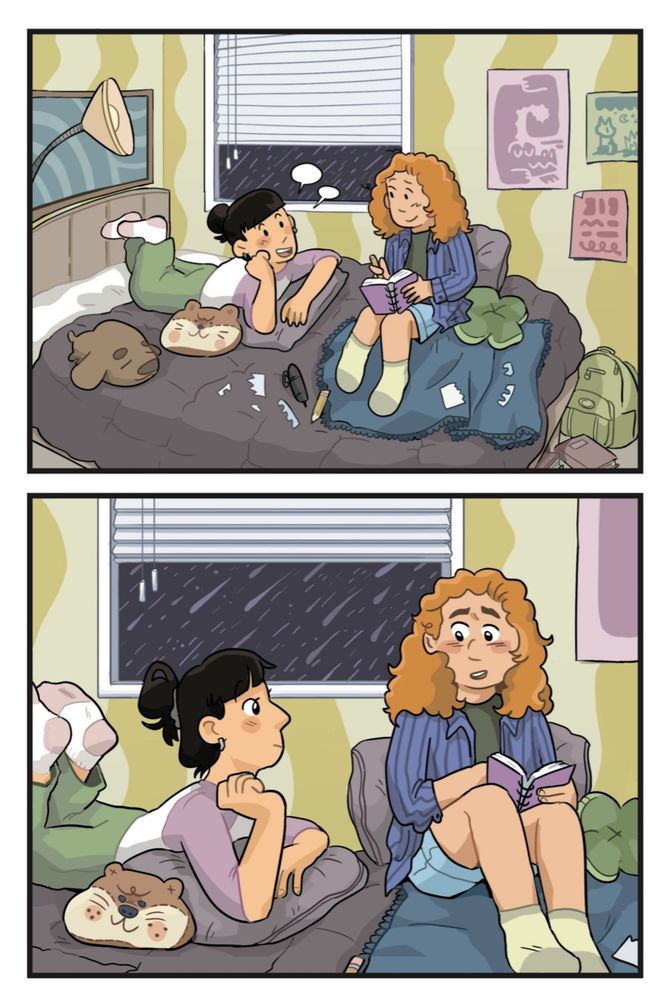 Comic page of two teens chilling together on a bed with stuffed animals while one of them draws and it rains outside.