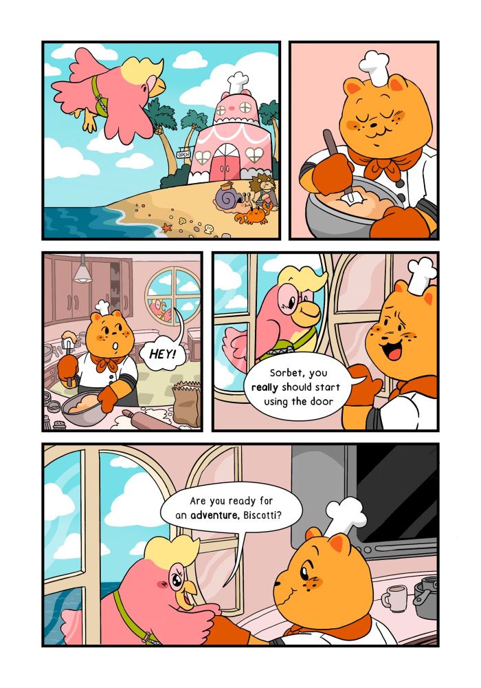 Comic page where a pink fluffy bird and a baker bear greet each other. The bird invites the bear on an adventure!