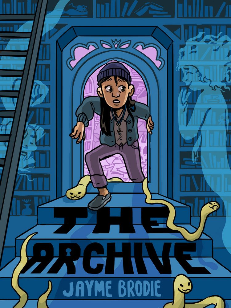 Book cover illustration featuring a teen stepping out into a library of sorts with ghosts greeting her. Snakes enter the room ahead of her near the title reading “the archive”