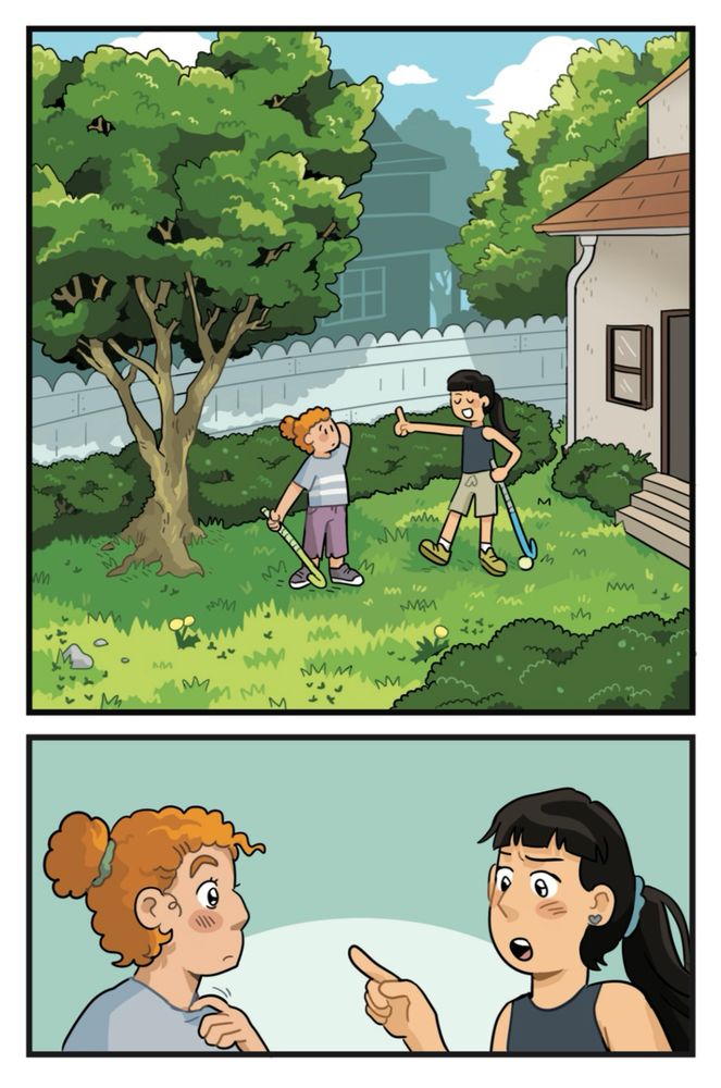 Comic page with two teen girls out in a backyard with field hockey sticks 