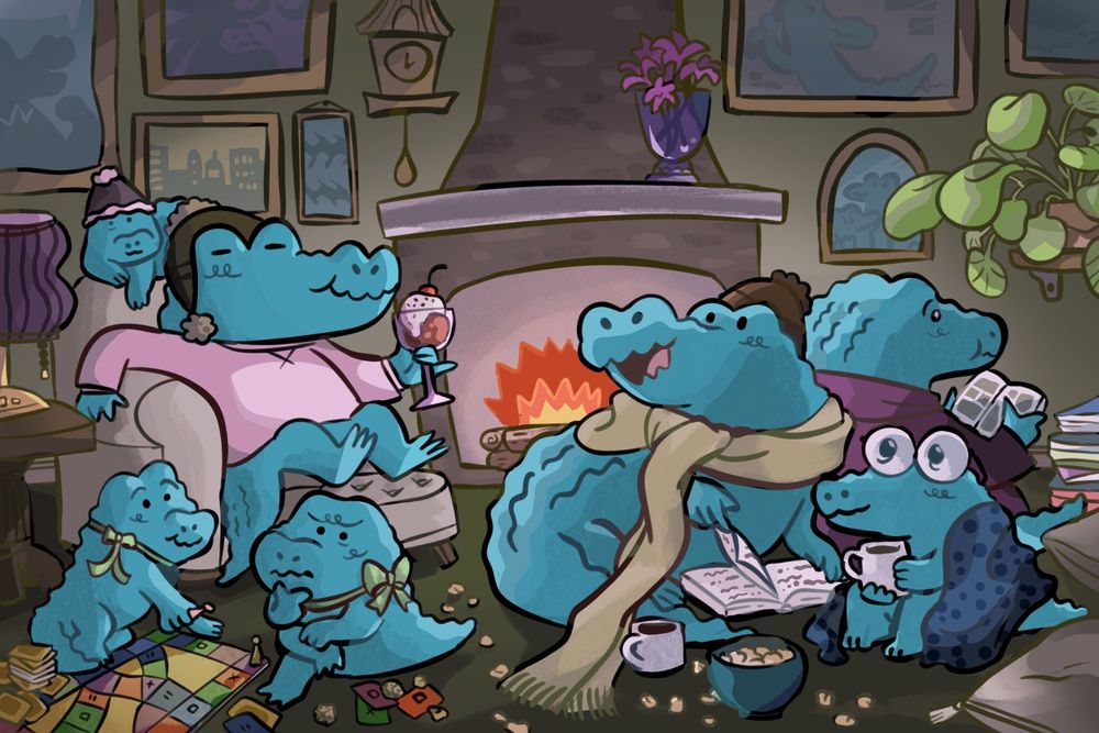 Digital illustration featuring a family of cozy crocodiles