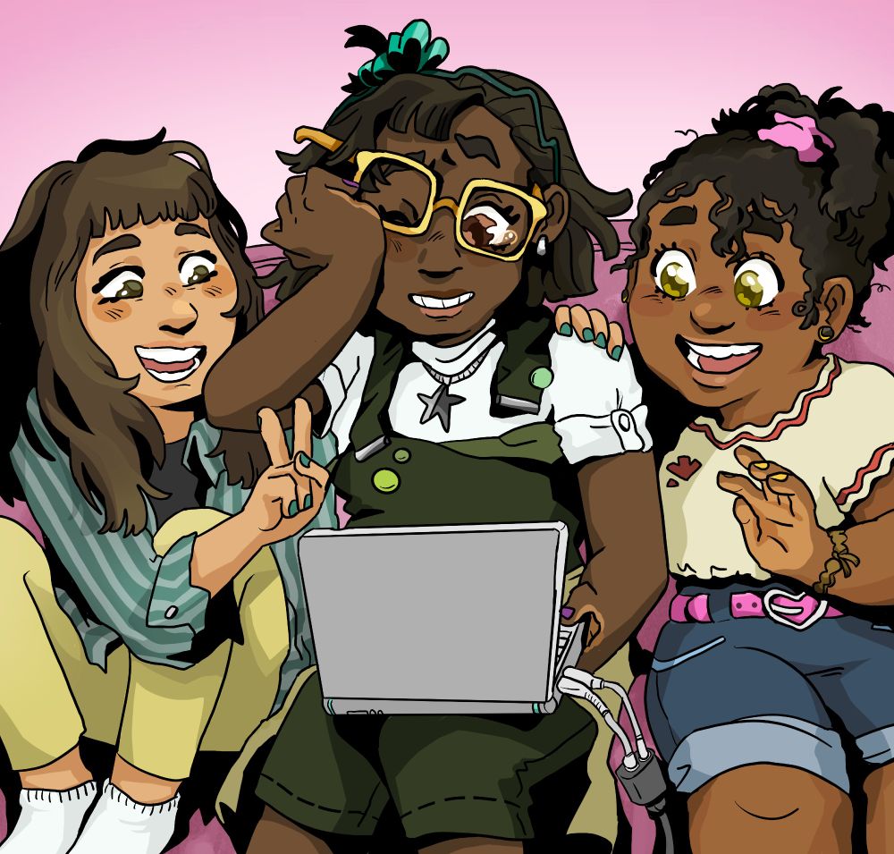 digital illustration of three kids chilling happily on a couch as they greet a friend on a video call