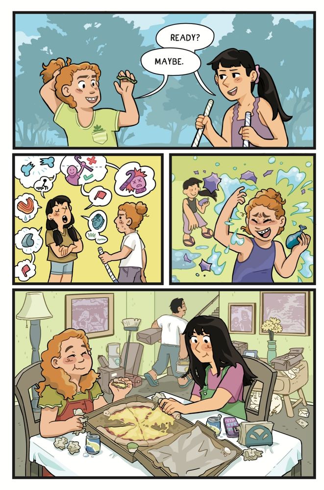 comic montage of two teen girls hanging out in the summertime, talking about sports and eating pizza