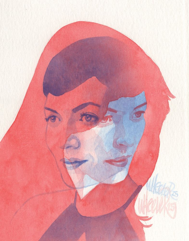 Severance watercolor painting of Britt Lower as Helly R / Helena