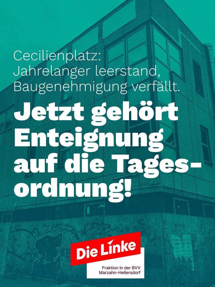 Text: Cecilienplatz: Jahrelanger Leerstand, Baugenehmigung verfällt. Jetzt gehört Enteignung auf die Tagesordnung!
Auf Foto eines Gebäudes am Cecilenplatz