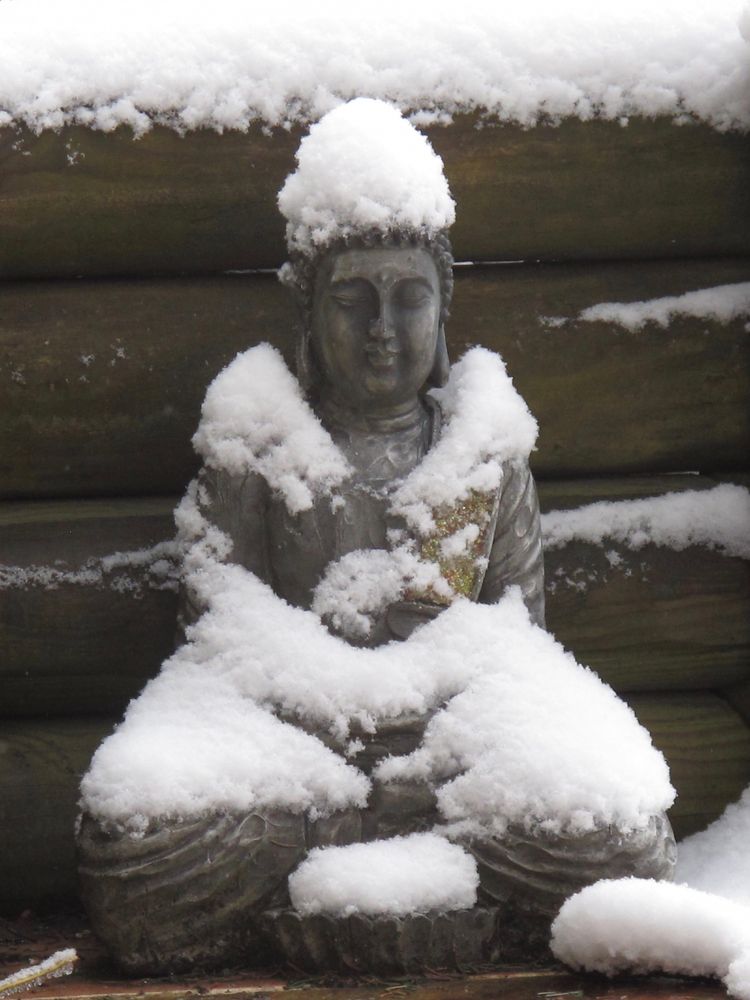 Statuette de Buddha en résine placée devant une palissage de rondins horizontaux et couverte d'un peu de neige.